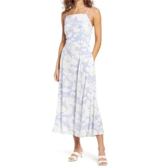 Open Edit Womens Size Large Sundress Marble Print Open Back White and Blue - Picture 1 of 12